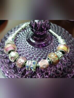 Pink Glass Beads/Purple & Pink Rhinestone Silvertone Bracelet, 8"